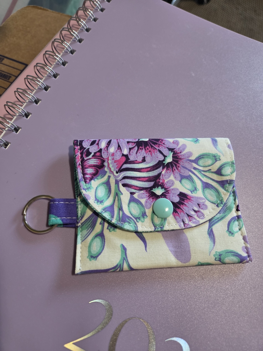 Floral Lavender & Teal Coin Pouch with Key Ring
